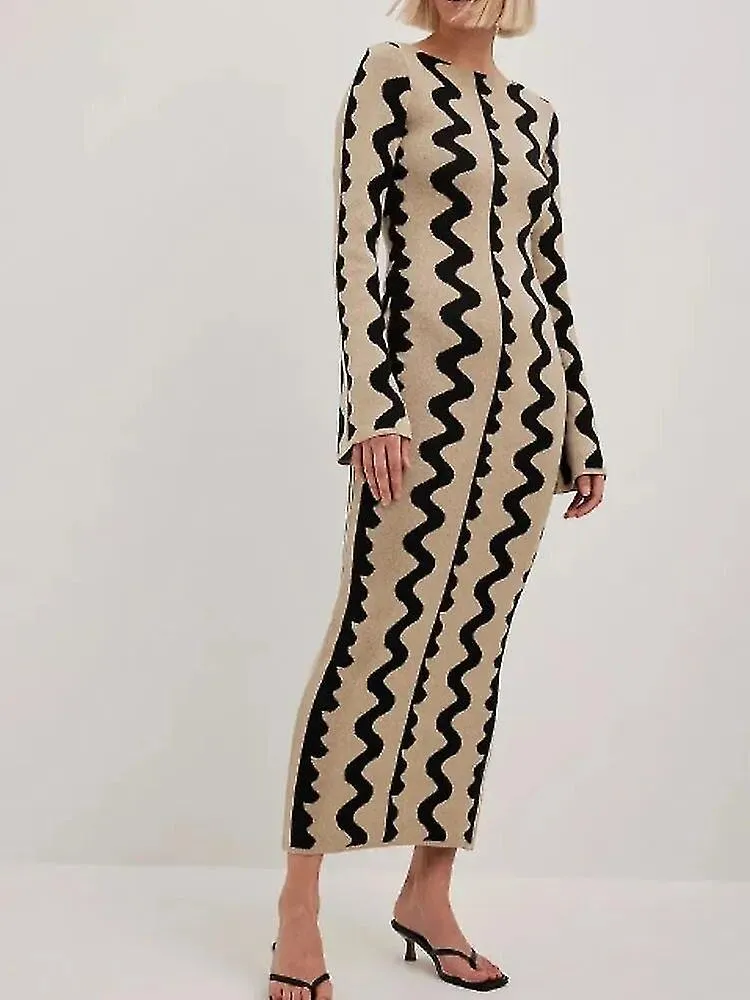 Vestido largo de punto a rayas de verano para mujeres Elegante vestido ajustado de manga larga con escote en O Moda para damas V
