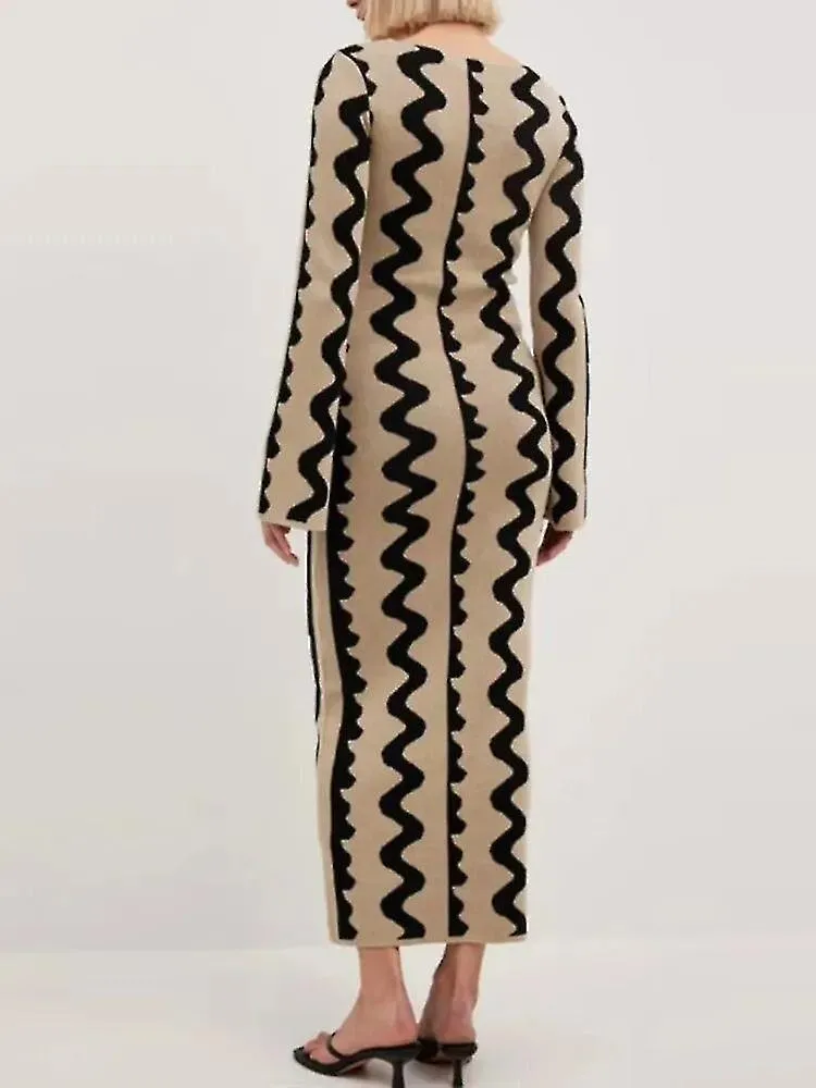 Vestido largo de punto a rayas de verano para mujeres Elegante vestido ajustado de manga larga con escote en O Moda para damas V