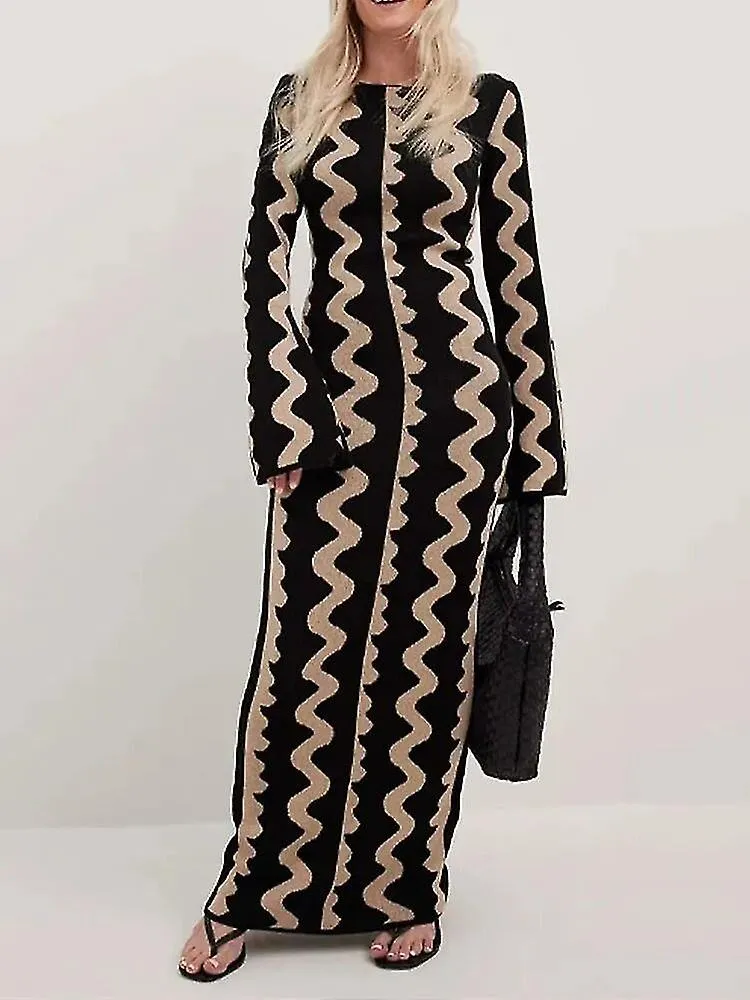 Vestido largo de punto a rayas de verano para mujeres Elegante vestido ajustado de manga larga con escote en O Moda para damas V