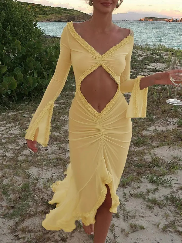 Vestido Maxi Industria Pesada De Encaje Reunido Hueco De Moda