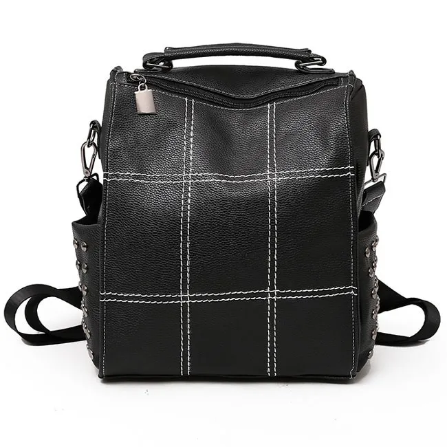 Vintage Square PU Large Soft Leather Rivet Multifunction Shoulder Bag School Backpack