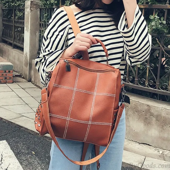Vintage Square PU Large Soft Leather Rivet Multifunction Shoulder Bag School Backpack
