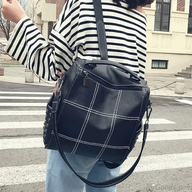 Vintage Square PU Large Soft Leather Rivet Multifunction Shoulder Bag School Backpack