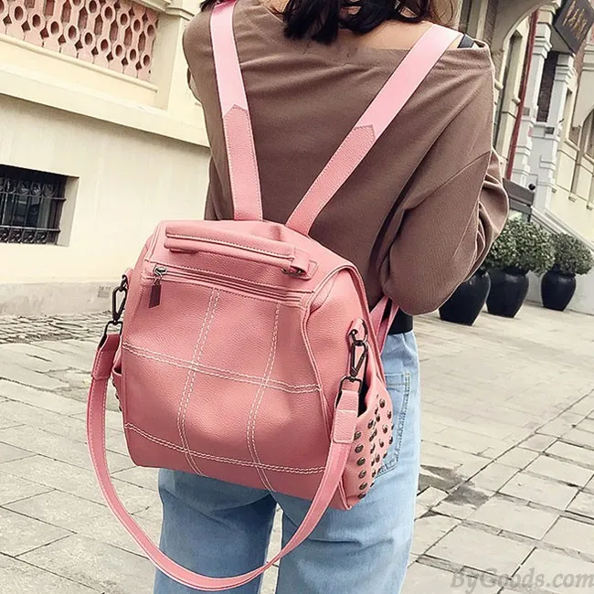 Vintage Square PU Large Soft Leather Rivet Multifunction Shoulder Bag School Backpack