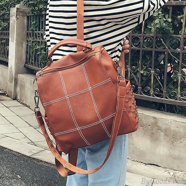Vintage Square PU Large Soft Leather Rivet Multifunction Shoulder Bag School Backpack
