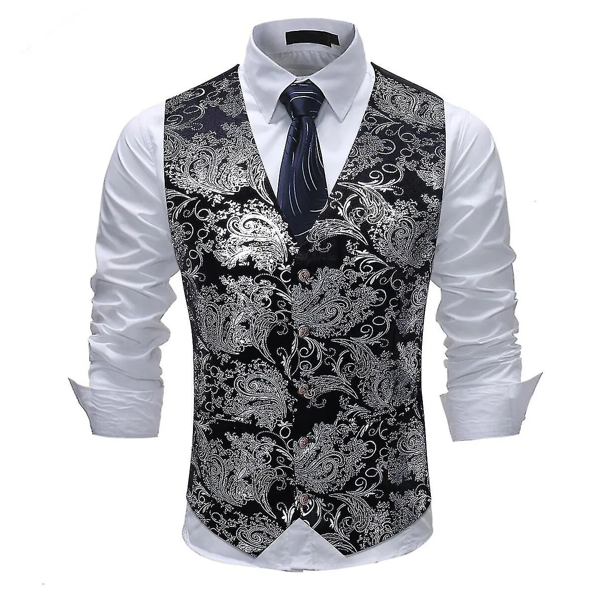 YYNUDA MENS HIPSTER METALLIC PAISLEY PRINTED SINGLE BREASTED VNECK SUIT VEST/TUXEDO WAISTCOAT